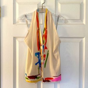 Gene Ewing, women’s small, colorful 1970s plunge back halter top